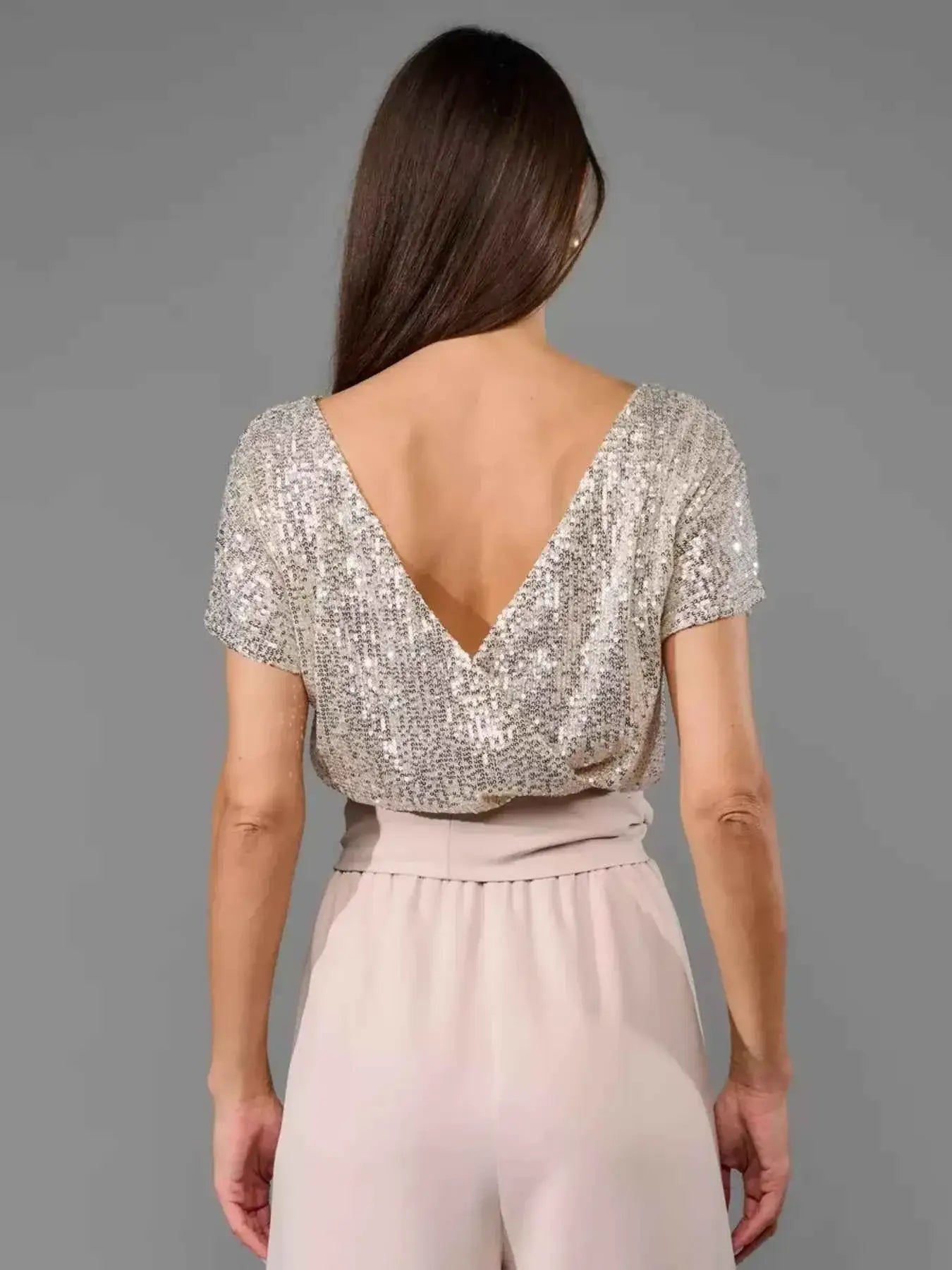 Full Size Sequin Short Sleeve Wide Leg Jumpsuit Plus Size