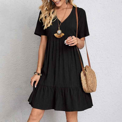 Robe courte trapèze décolleté en V à volants et manches courtes - MyParisMonaco
