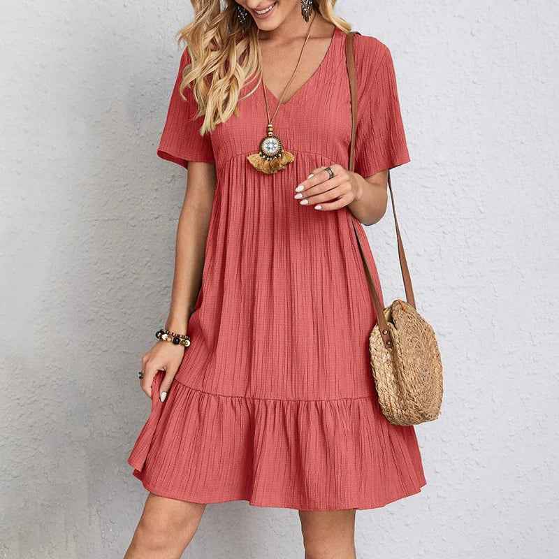Robe courte trapèze décolleté en V à volants et manches courtes - MyParisMonaco