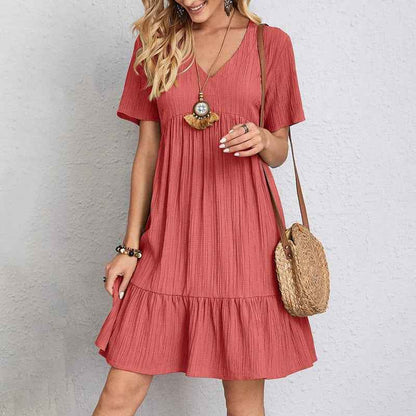 Robe courte trapèze décolleté en V à volants et manches courtes - MyParisMonaco