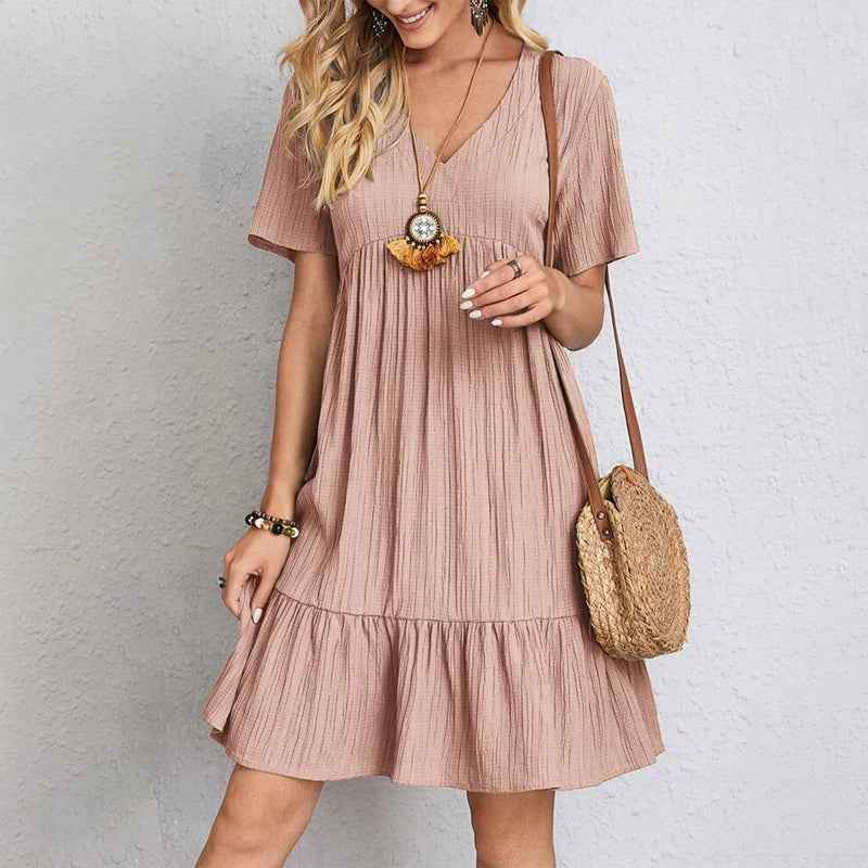 Robe courte trapèze décolleté en V à volants et manches courtes - MyParisMonaco