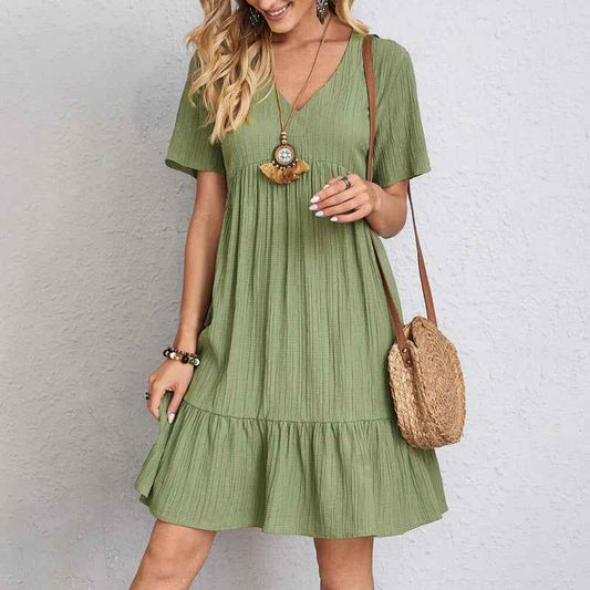 Robe courte trapèze décolleté en V à volants et manches courtes - MyParisMonaco