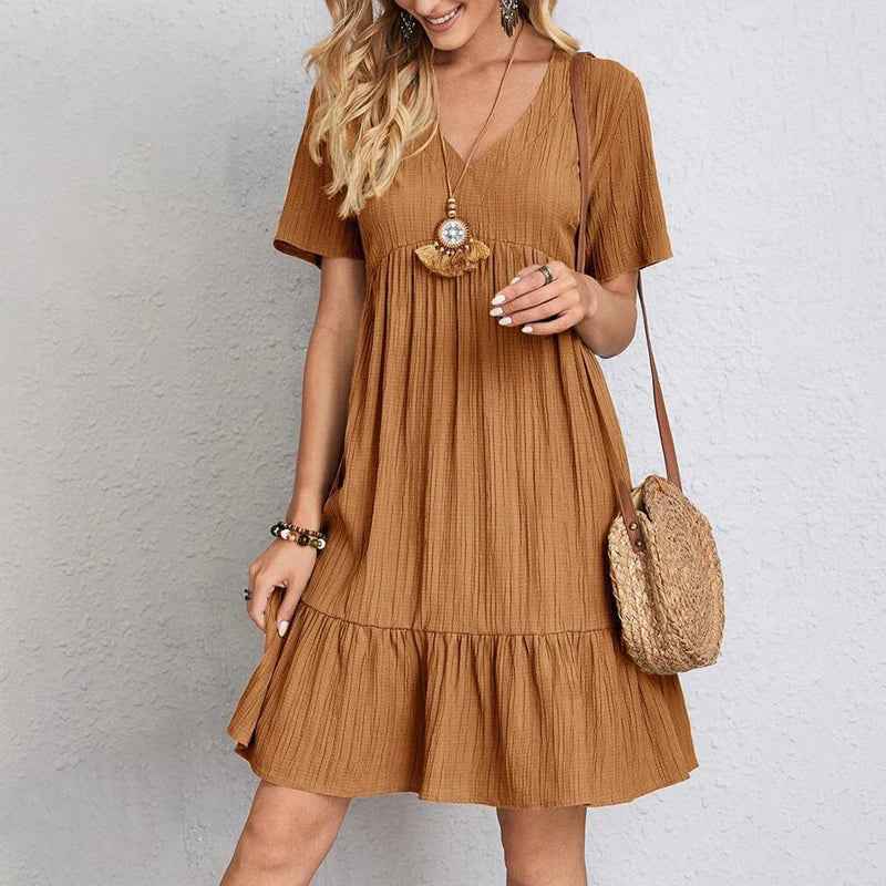 Robe courte trapèze décolleté en V à volants et manches courtes - MyParisMonaco