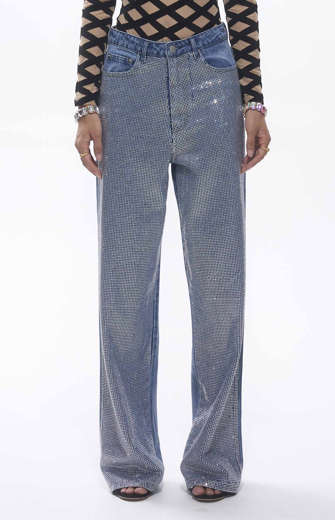 Jean taille haute bleu orné de cristaux MyParisMonaco