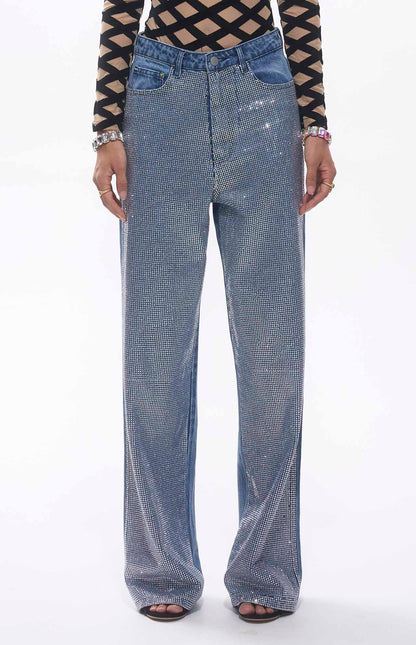 Jean taille haute bleu orné de cristaux MyParisMonaco