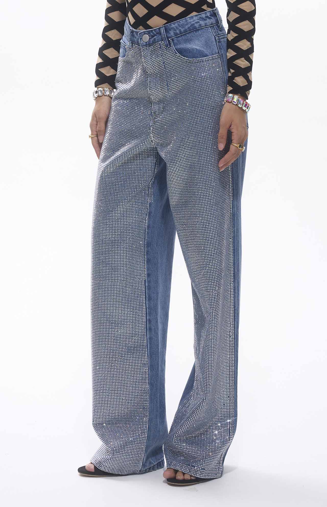 Jean taille haute bleu orné de cristaux MyParisMonaco
