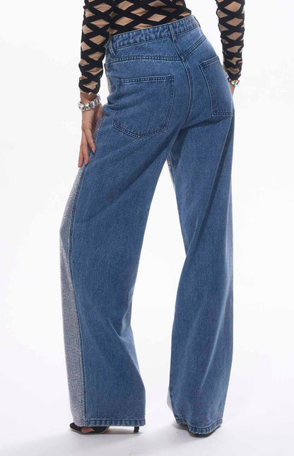 Jean taille haute bleu orné de cristaux MyParisMonaco