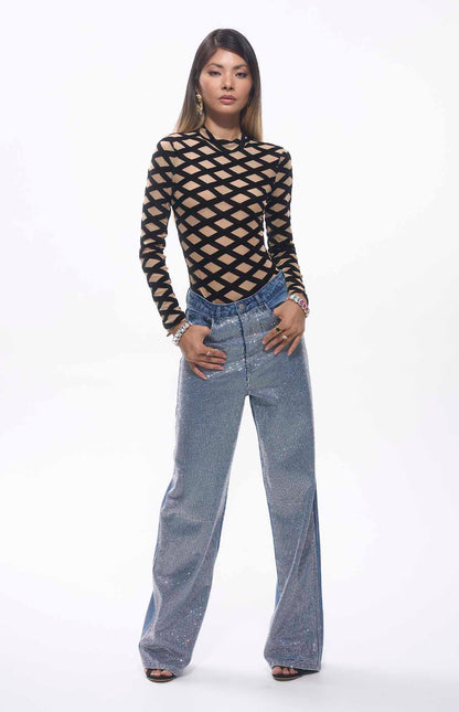 Jean taille haute bleu orné de cristaux MyParisMonaco