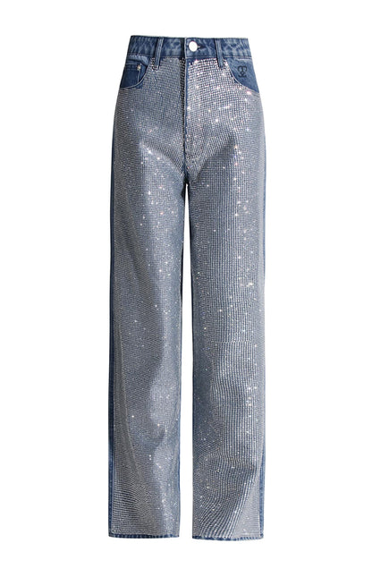 Jean taille haute bleu orné de cristaux MyParisMonaco