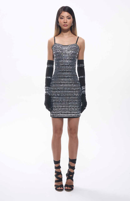 Robe courte moulante noire avec cristaux et gants assortis - MyParisMonaco
