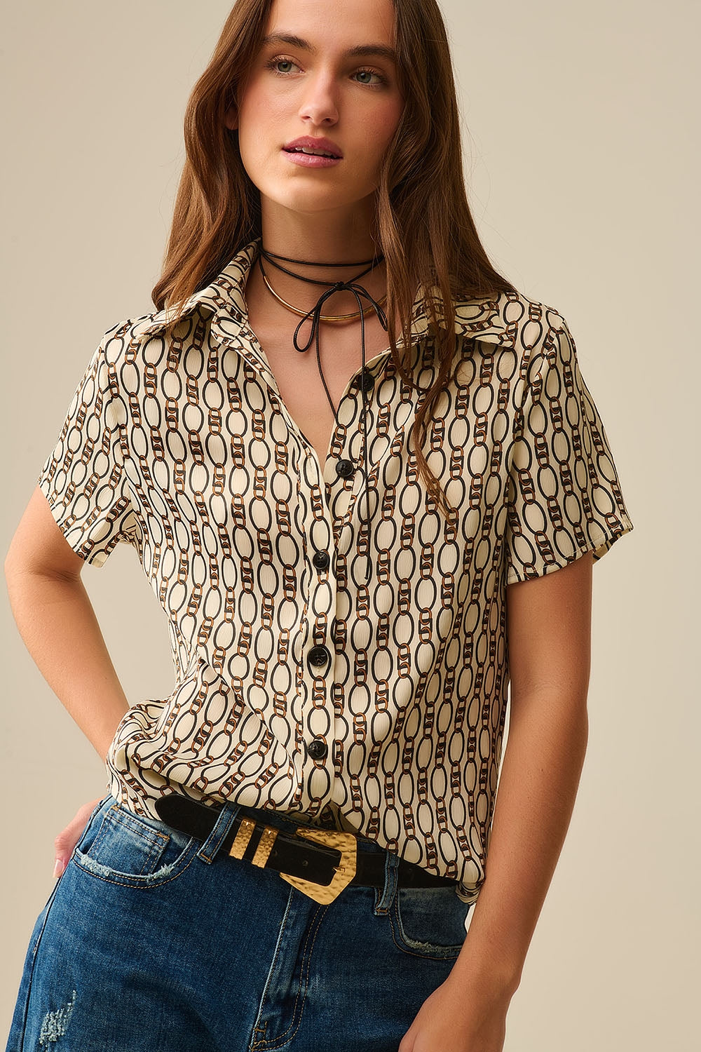 Chemise beige à manches courtes imprimé chaînes MyParisMonaco