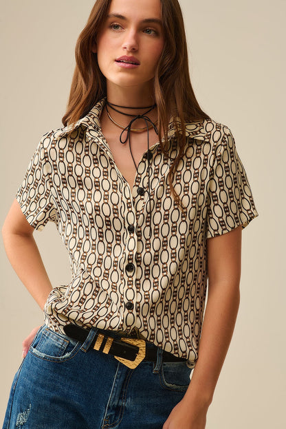 Chemise beige à manches courtes imprimé chaînes MyParisMonaco