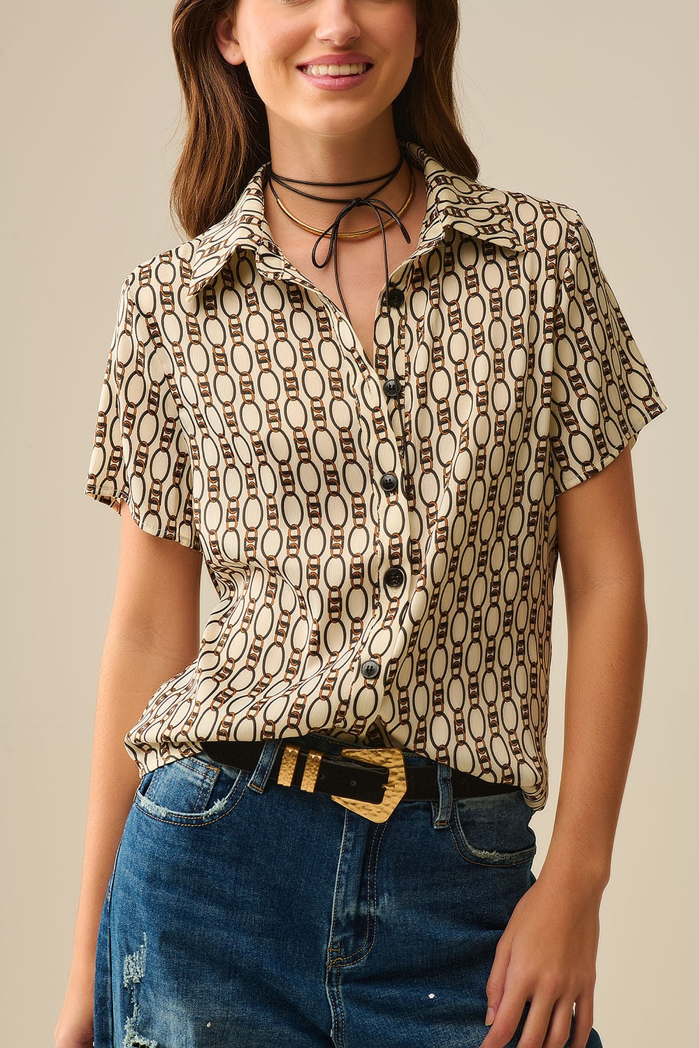 Chemise beige à manches courtes imprimé chaînes MyParisMonaco