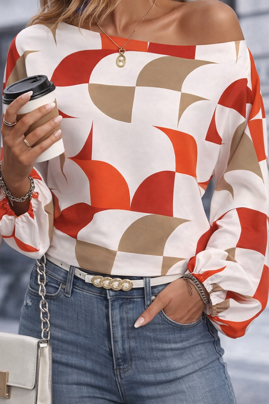 Haut à manches ballon imprimé géométrique épaules dénudées