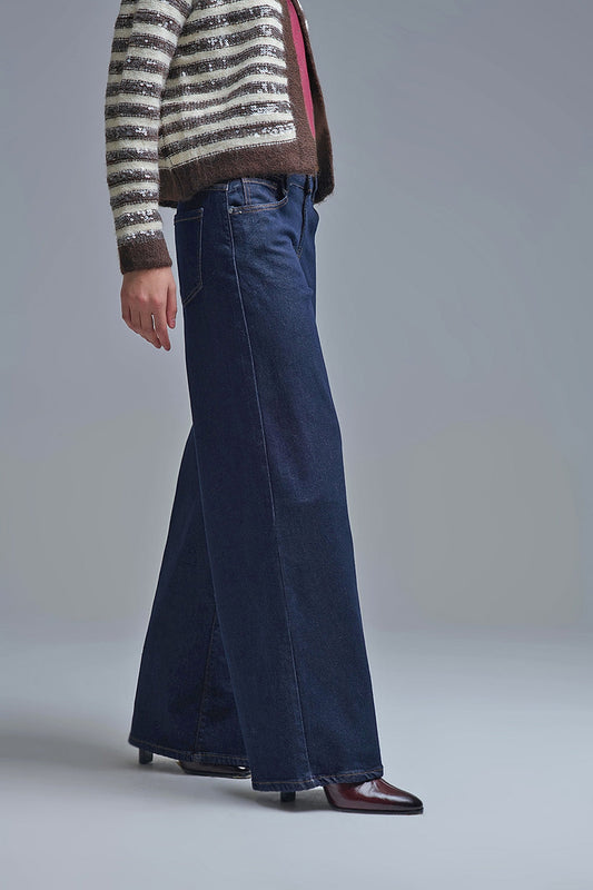 Jean large bleu foncé avec surpiqûres contrastantes MyParisMonaco