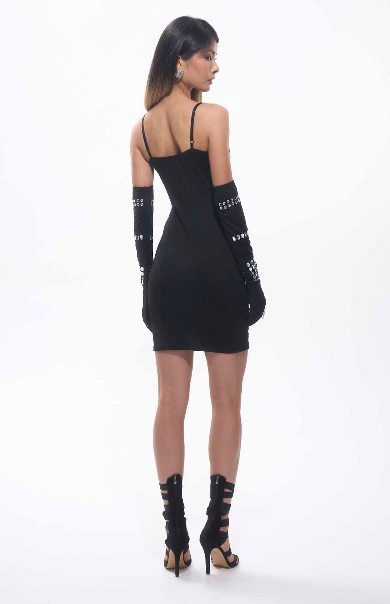 Robe courte moulante noire avec cristaux et gants assortis - MyParisMonaco