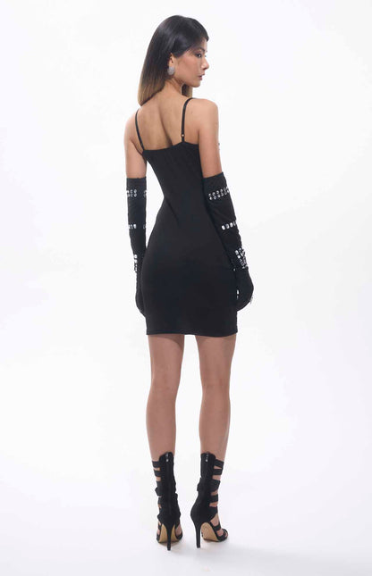 Robe courte moulante noire avec cristaux et gants assortis - MyParisMonaco