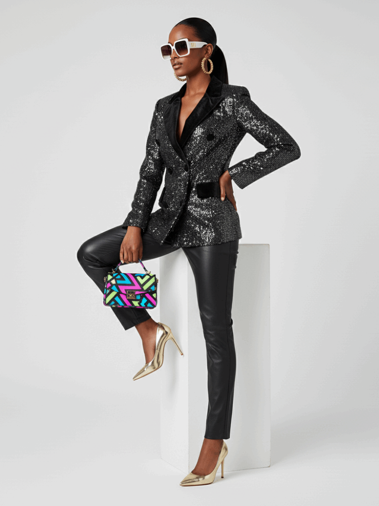 Blazer noir croisé double boutonnage détails cuir - MyParisMonaco