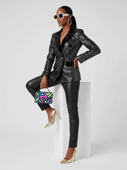 Blazer noir croisé double boutonnage détails cuir - MyParisMonaco