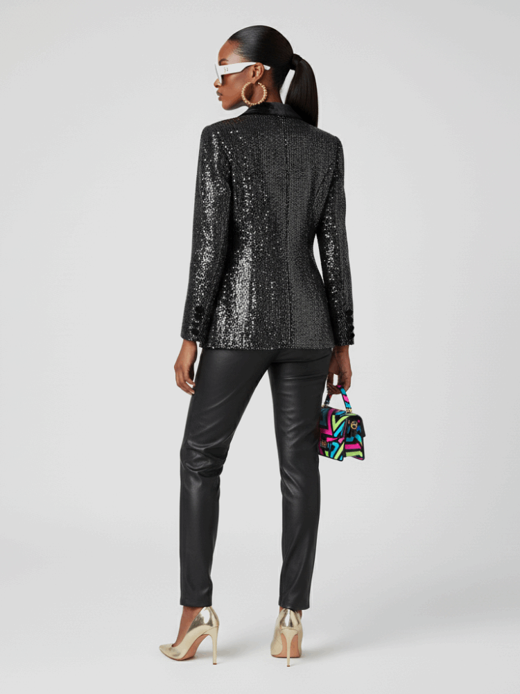 Blazer noir croisé double boutonnage détails cuir - MyParisMonaco