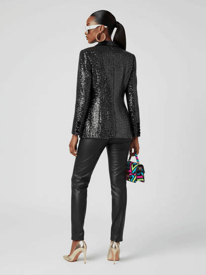 Blazer noir croisé double boutonnage détails cuir - MyParisMonaco