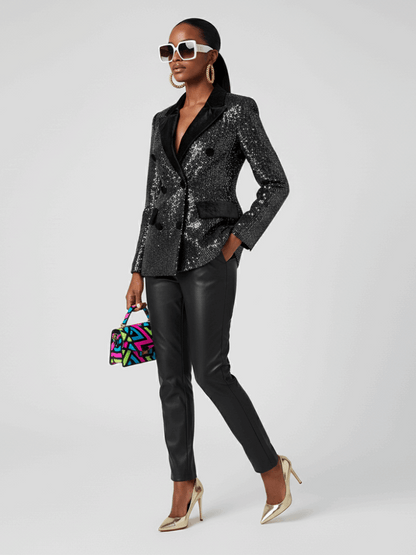 Blazer noir croisé double boutonnage détails cuir - MyParisMonaco