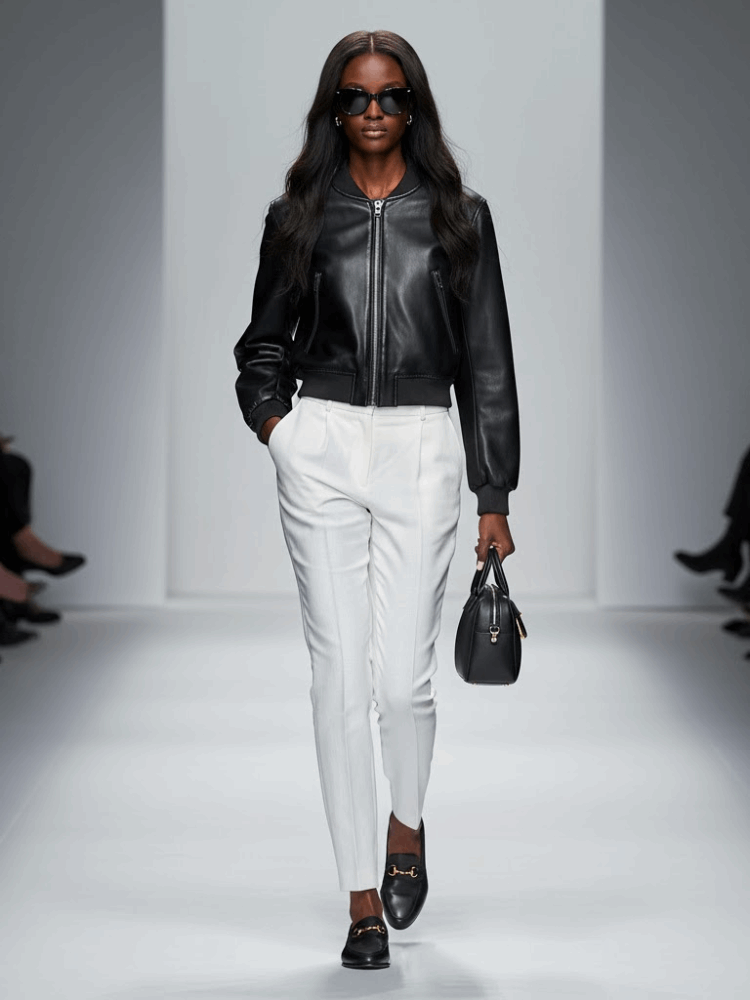Blouson bomber cuir écologique noir court ajusté