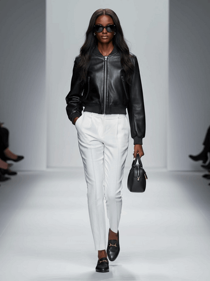 Blouson bomber cuir écologique noir court ajusté