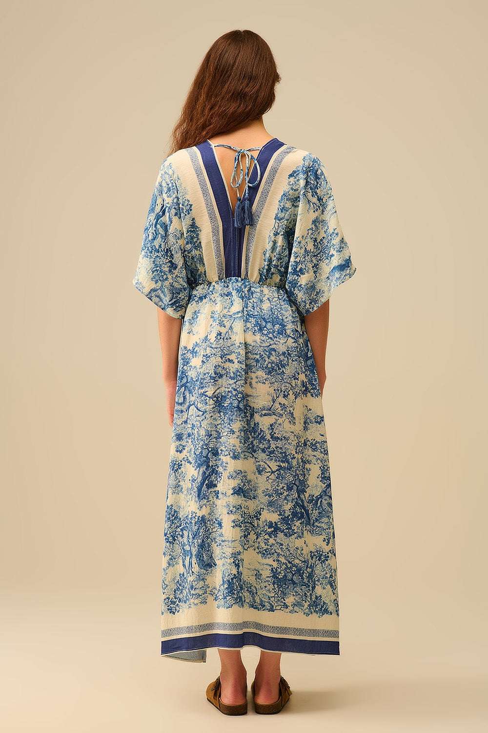Robe longue col V imprimé toile de Jouy bleu ivoire - MyParisMonaco