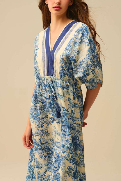 Robe longue col V imprimé toile de Jouy bleu ivoire - MyParisMonaco