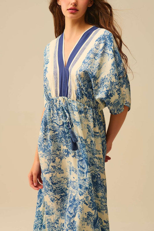 Robe longue col V imprimé toile de Jouy bleu ivoire - MyParisMonaco