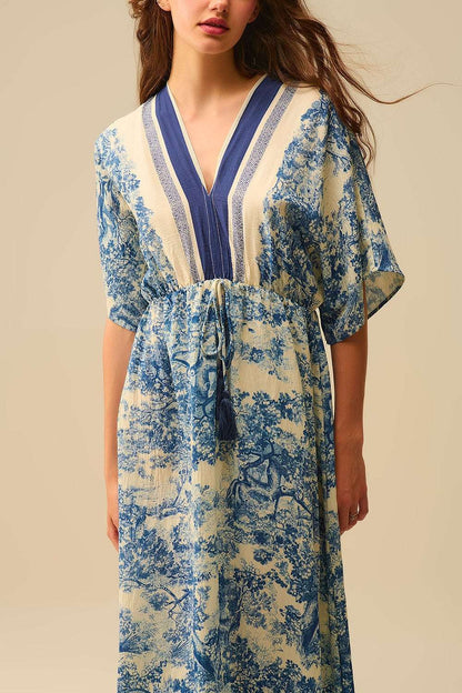 Robe longue col V imprimé toile de Jouy bleu ivoire - MyParisMonaco