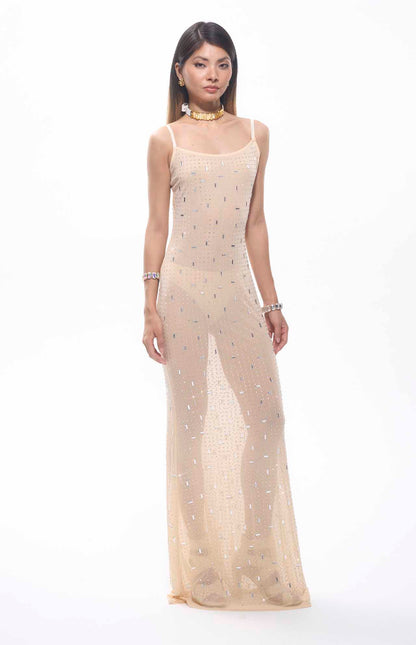 Robe longue de soirée en mesh nude avec cristaux - MyParisMonaco