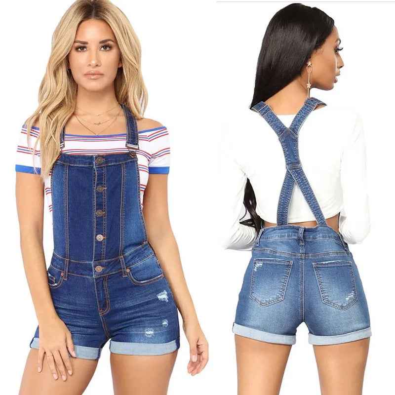 Salopette courte en denim taille haute à bretelles