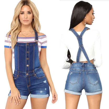 Salopette courte en denim taille haute à bretelles