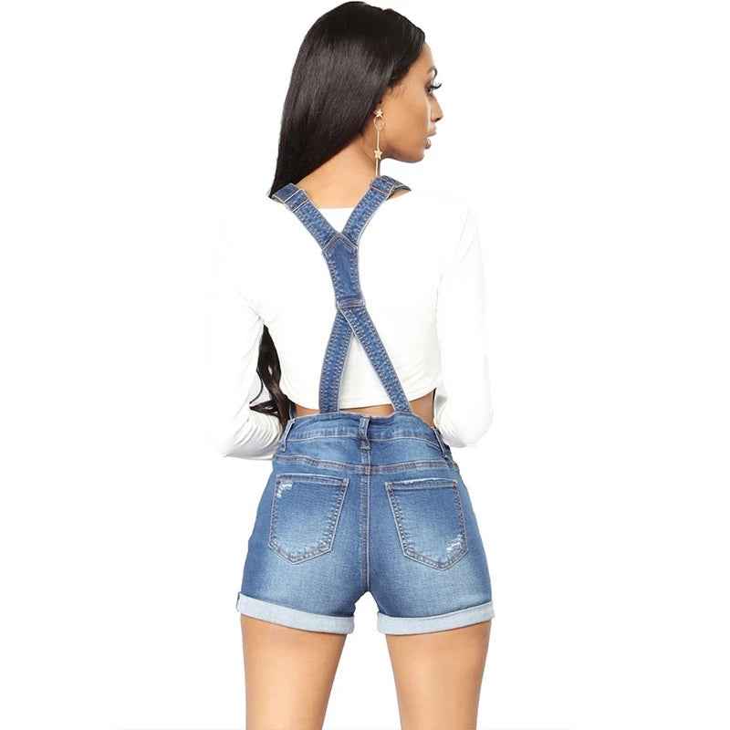 Salopette courte en denim taille haute à bretelles