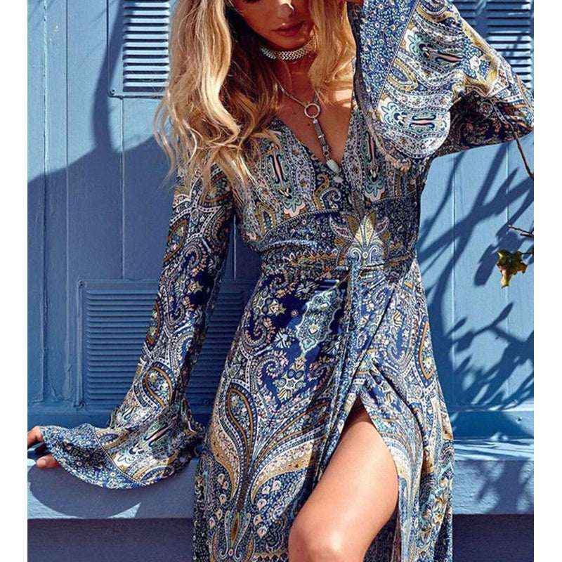 Robe longue bohème imprimé floral décolleté en V avec fente haute - MyParisMonaco