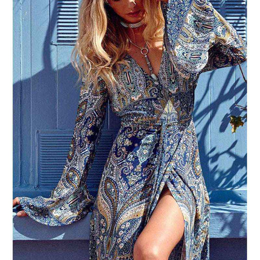 Robe longue bohème imprimé floral décolleté en V avec fente haute - MyParisMonaco