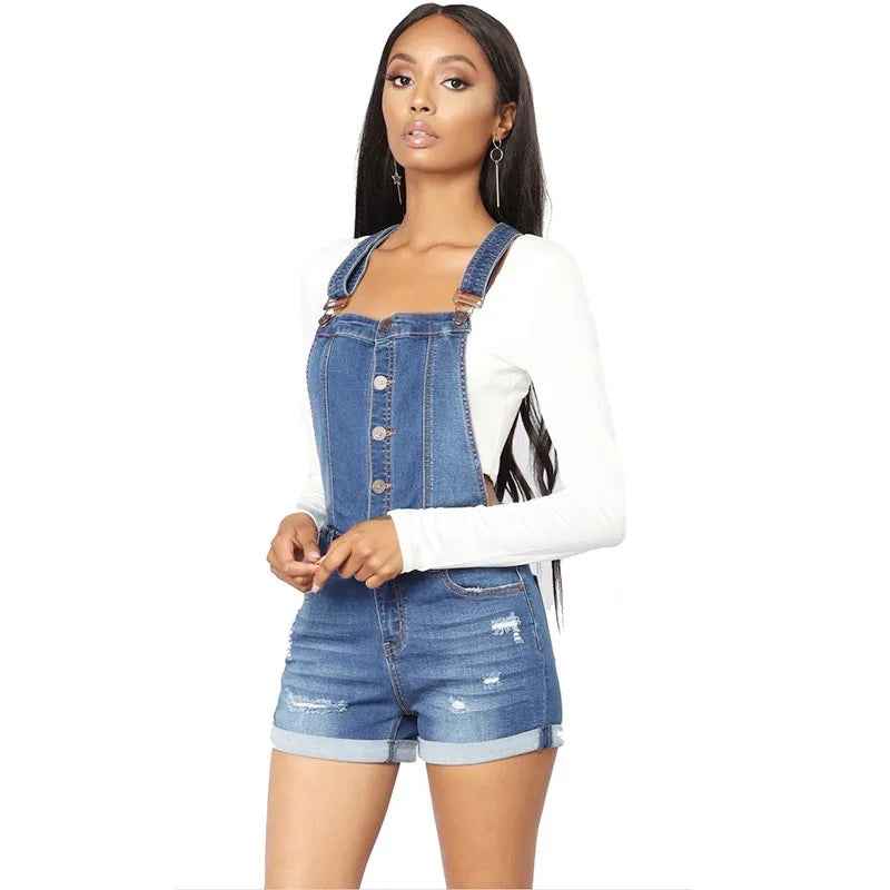 Salopette courte en denim taille haute à bretelles