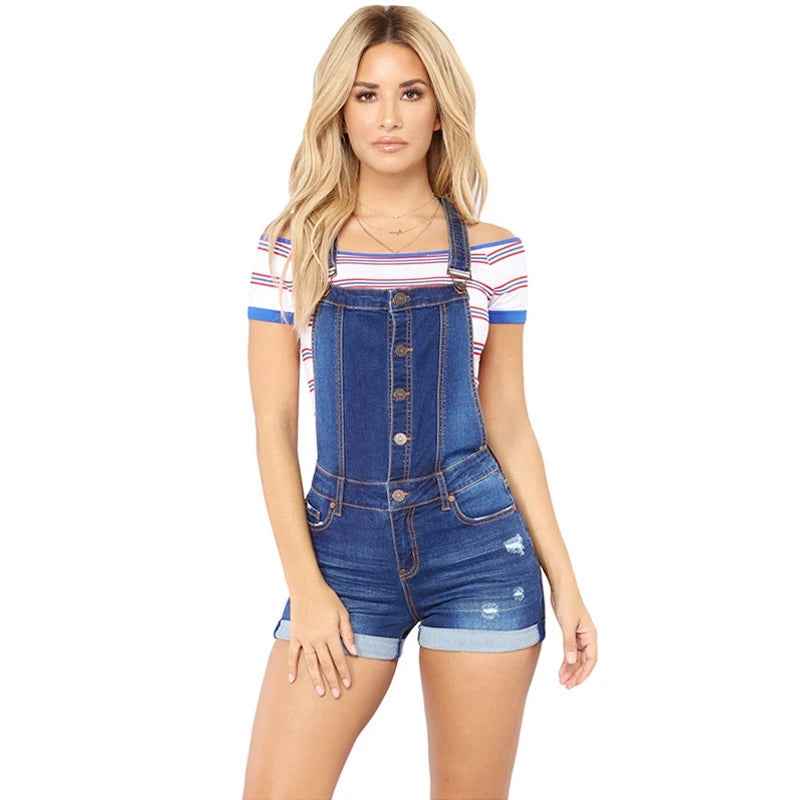Salopette courte en denim taille haute à bretelles