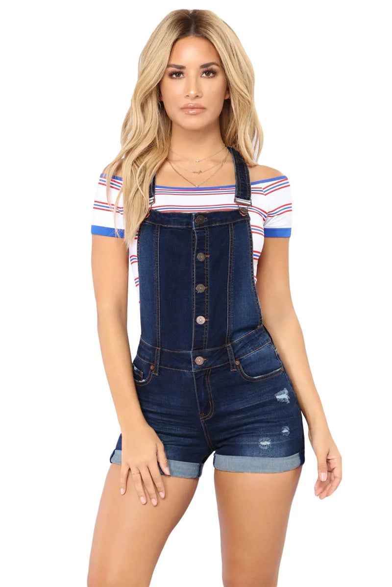 Salopette courte en denim taille haute à bretelles