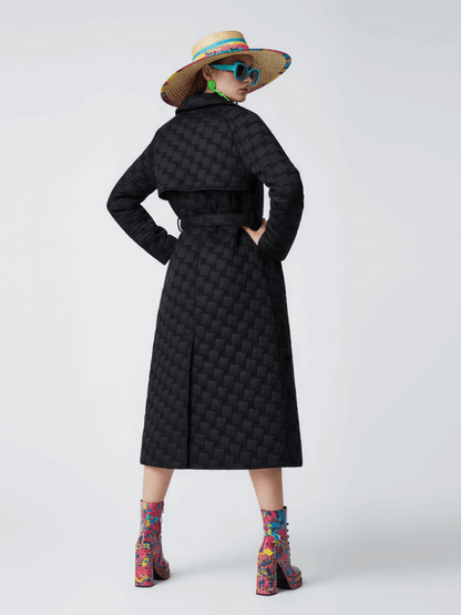 Manteau long matelassé noir motif géométrique col haut