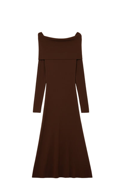 Robe longue en maille à épaules dénudées marron (Robe Bardot) MyParisMonaco