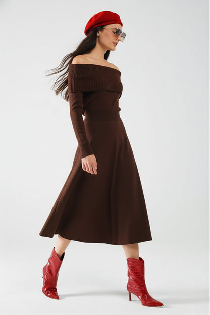 Robe longue en maille à épaules dénudées marron (Robe Bardot) MyParisMonaco