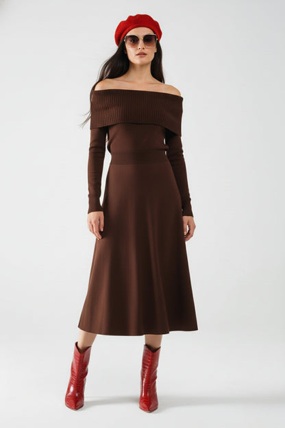 Robe longue en maille à épaules dénudées marron (Robe Bardot) MyParisMonaco