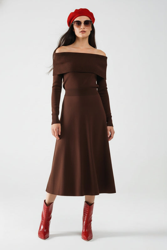 Robe longue en maille à épaules dénudées marron (Robe Bardot) MyParisMonaco