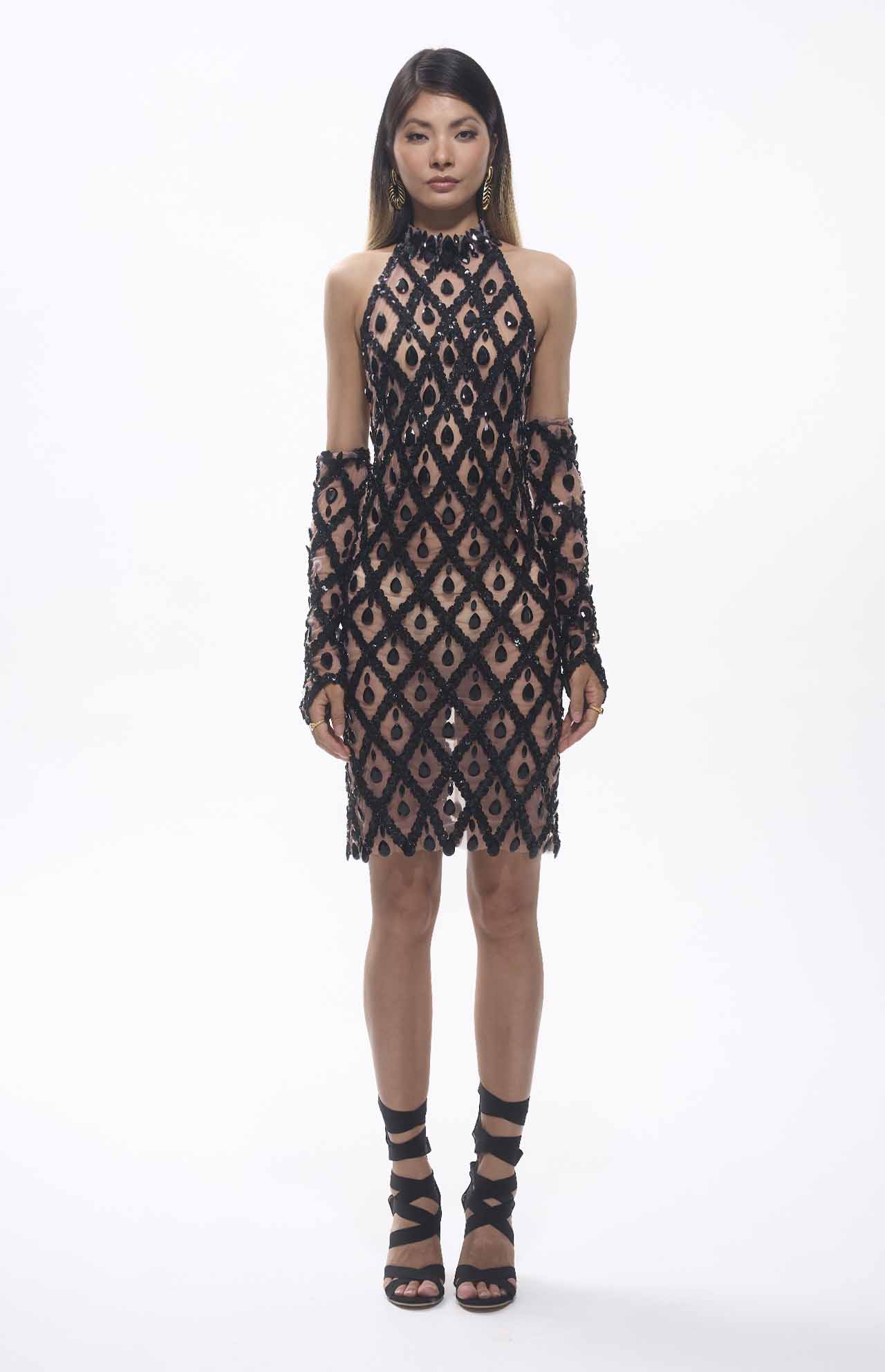 Robe courte noire cristaux transparence MyParisMonaco