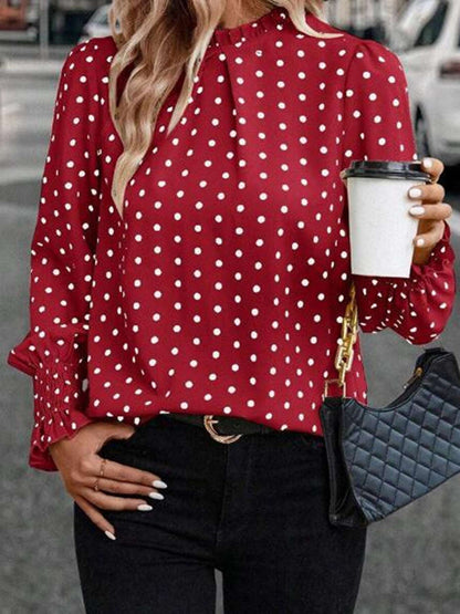 Blouse pois manches ballon col montant femme