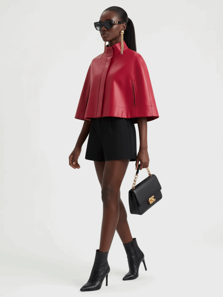 Veste cape courte cuir vegan rouge femme | bymanyc new york - MyParisMonaco