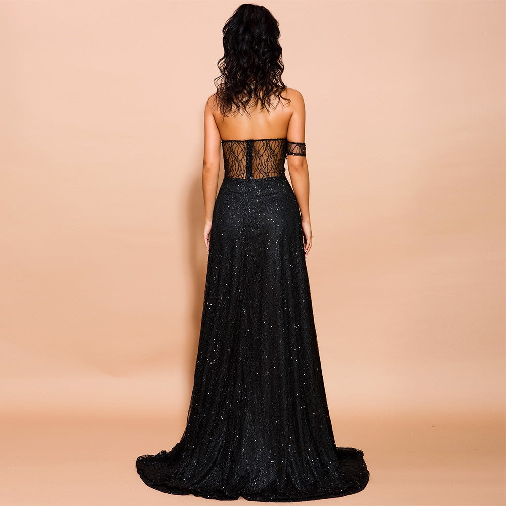 Robe de soirée noire fendue haute MyParisMonaco
